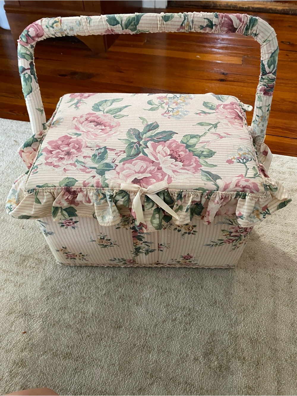 Vintage Floral Quilted Sewing Basket with Pink Rose Print